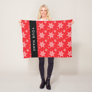 White Snowflakes, Red, Your name, Personalize Fleece Blanket
