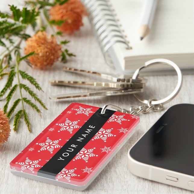 White Snowflakes, Red, Your name, Personalize Keychain (Front Right)