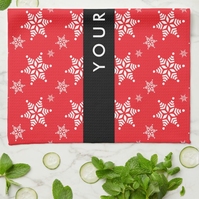 White Snowflakes, Red, Your name, Personalize Kitchen Towel (Folded)