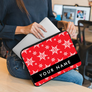 White Snowflakes, Red, Your name, Personalize Laptop Sleeve