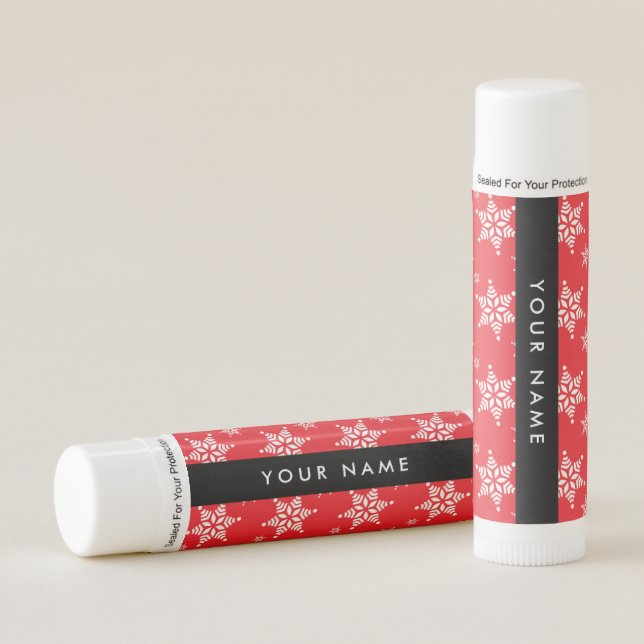 White Snowflakes, Red, Your name, Personalize Lip Balm (Front)