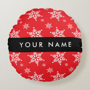 White Snowflakes, Red, Your name, Personalize Round Pillow