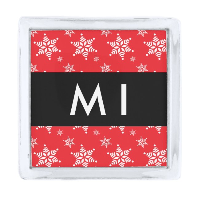 White Snowflakes, Red, Your name, Personalize Silver Finish Lapel Pin (Front)