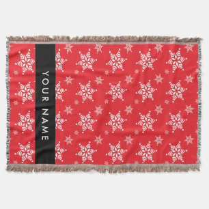 White Snowflakes, Red, Your name, Personalize Throw Blanket