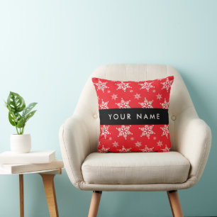 White Snowflakes, Red, Your name, Personalize Throw Pillow
