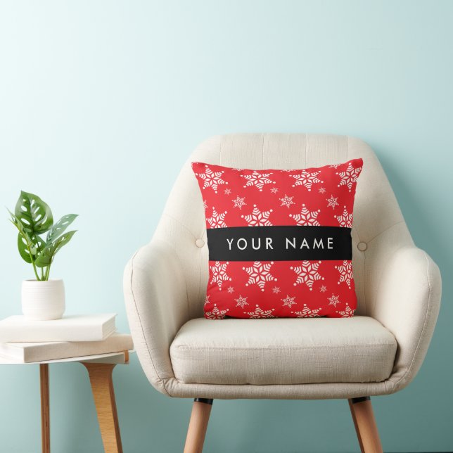 White Snowflakes, Red, Your name, Personalize Throw Pillow (Chair)