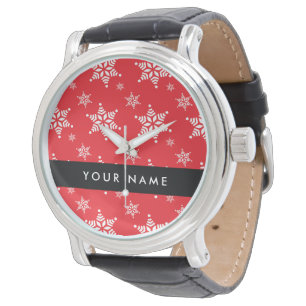 White Snowflakes, Red, Your name, Personalize Watch