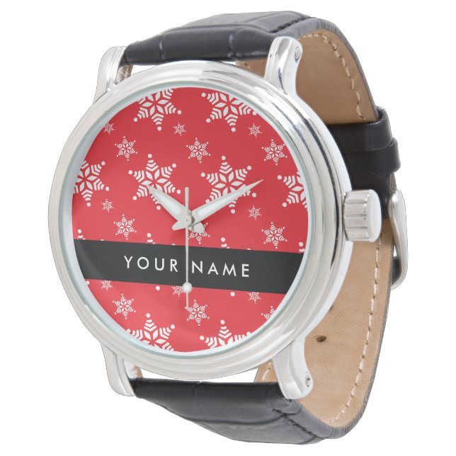 White Snowflakes, Red, Your name, Personalize Watch (Angled)