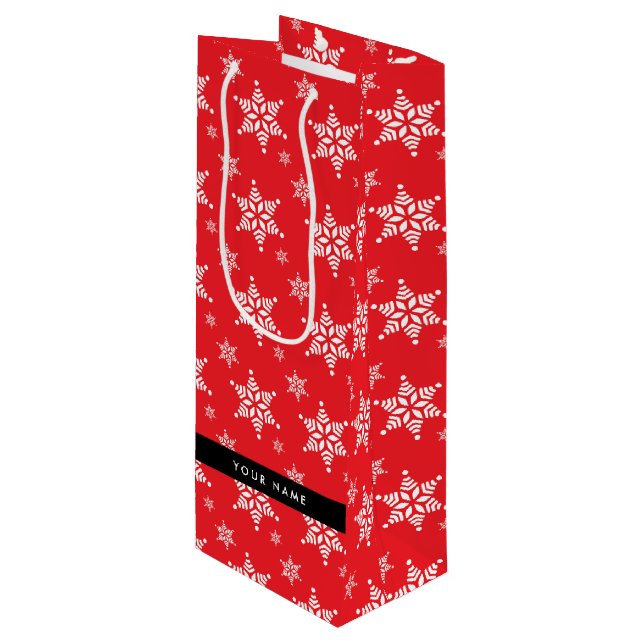White Snowflakes, Red, Your name, Personalize Wine Gift Bag (Front Angled)