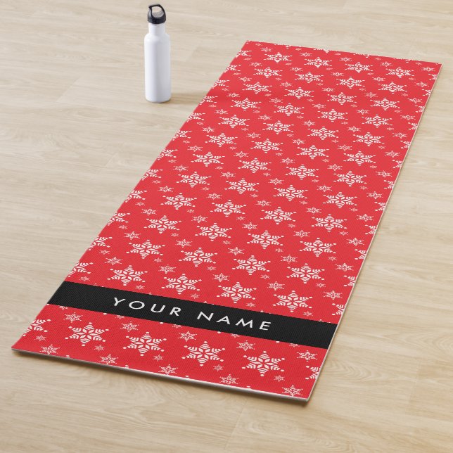 White Snowflakes, Red, Your name, Personalize Yoga Mat (In Situ)