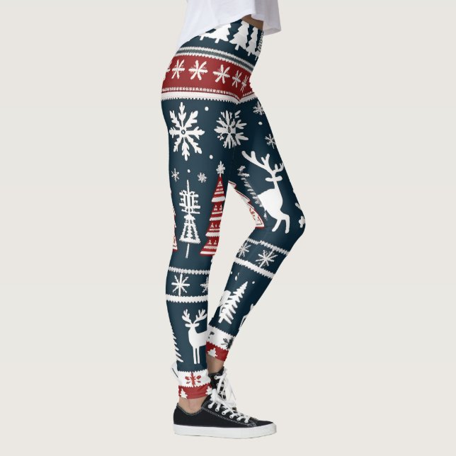White Snowflakes, Reindeer, Holiday Christmas Leggings (Right)