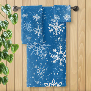 White Snowflakes Sapphire Blue Bath Towel Set
