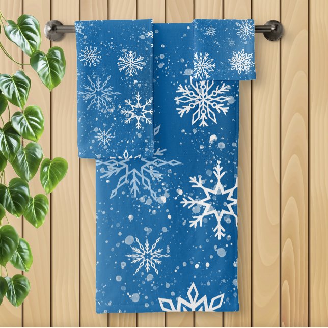 White Snowflakes Sapphire Blue Bath Towel Set (Creator Uploaded)