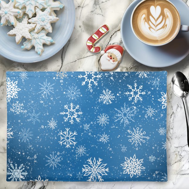 White Snowflakes Sapphire Blue Cloth Placemat (Creator Uploaded)