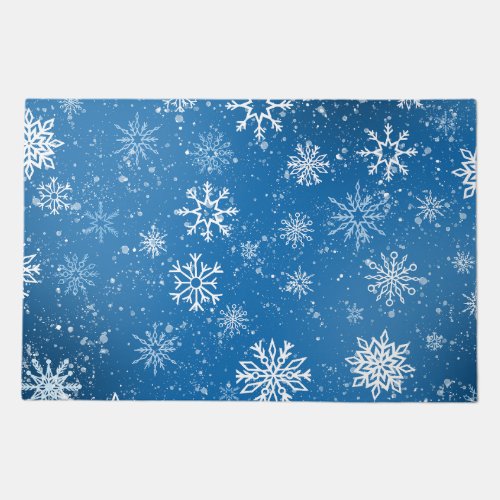 White Snowflakes Sapphire Blue Doormat