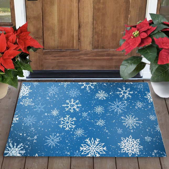 White Snowflakes Sapphire Blue Doormat (Creator Uploaded)