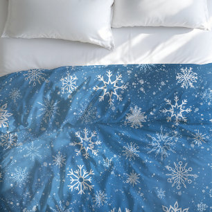 White Snowflakes Sapphire Blue Duvet Cover