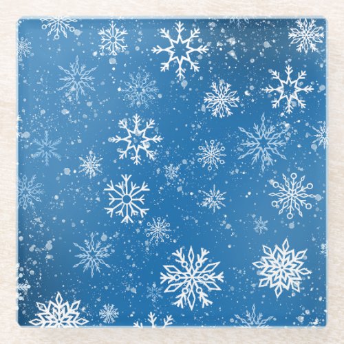 White Snowflakes Sapphire Blue Glass Coaster