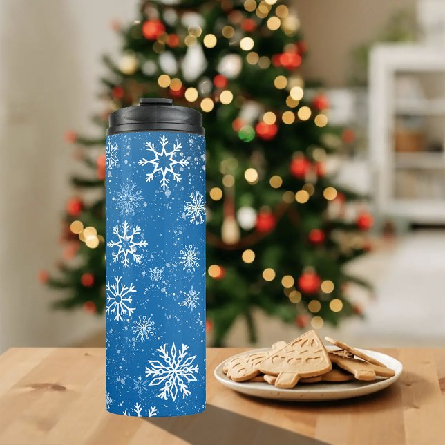 White Snowflakes Sapphire Blue Thermal Tumbler (Creator Uploaded)
