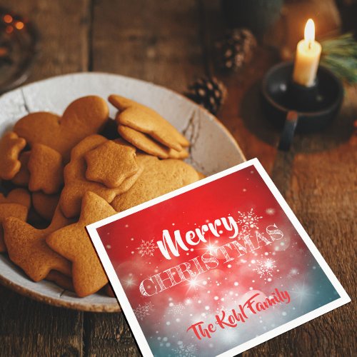 White Snowflakes Sparkles and Bokeh on Red  Napkins