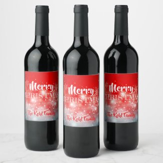 White Snowflakes Sparkles and Bokeh on Red Wine Label