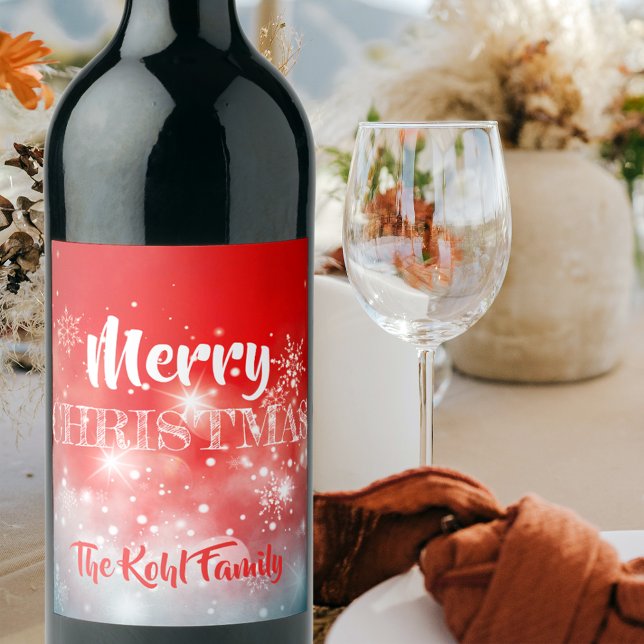 White Snowflakes Sparkles Bokeh on Red Xmas Wine Label (Creator Uploaded)