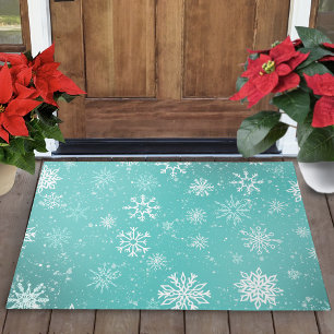 White Snowflakes Teal Doormat