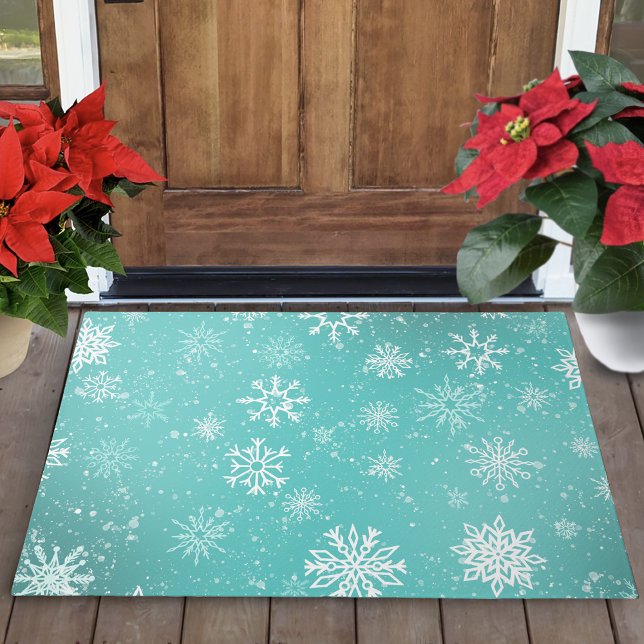 White Snowflakes Teal Doormat (Creator Uploaded)