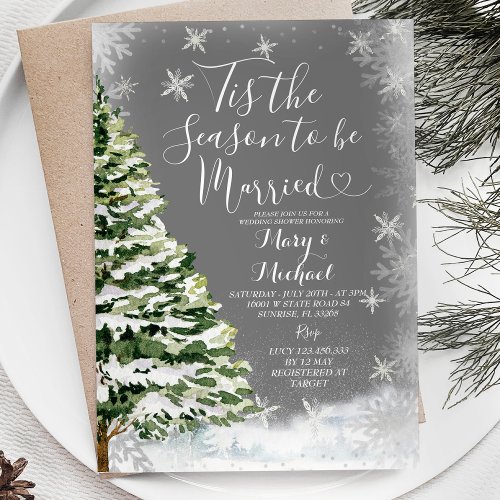White Snowflakes Tis the Season to Be Married Tree Invitation