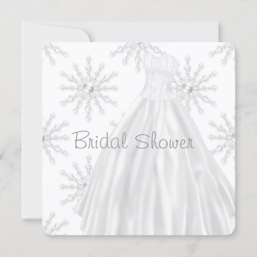 White Snowflakes Wedding Dress Bridal Shower Invite