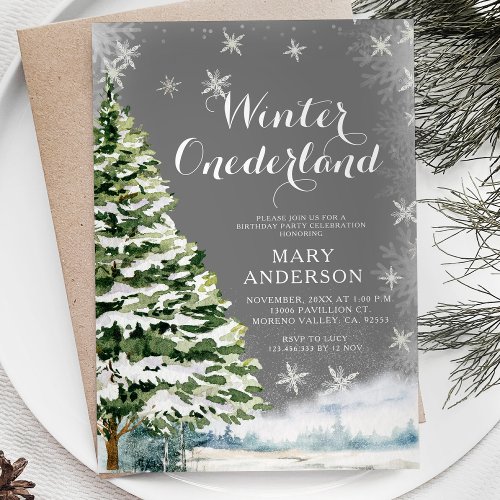 White Snowflakes Winter Onederland Birthday Tree Invitation