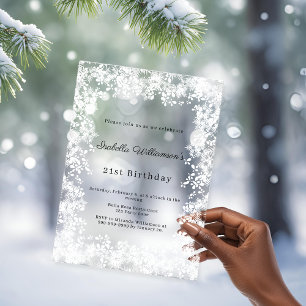 White snowflakes winter party frosted birthday acrylic invitations