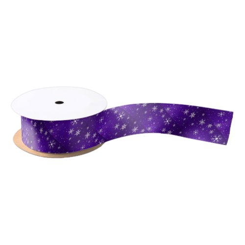 White Snowflakes with Blue_Purple Background Satin Ribbon