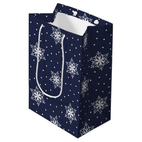 White Snowflakes with Polka Dots on Navy Blue Medium Gift Bag