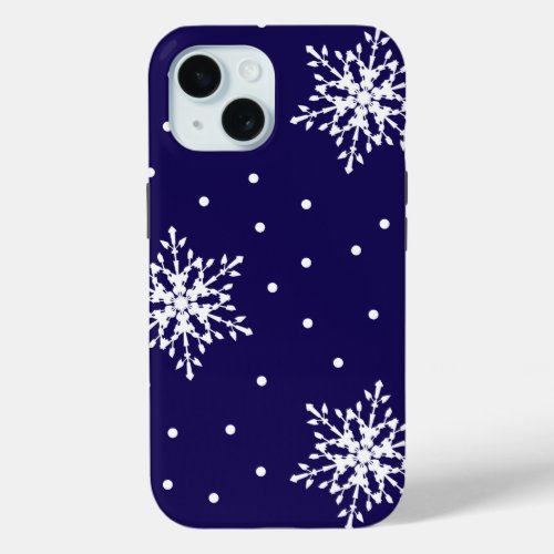 White Snowflakes with Polka Dots Patterned iPhone 15 Case