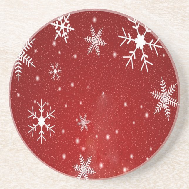 White Snowflakes with Red Background Drink Coaster (Front)