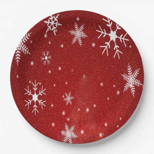 White Snowflakes with Red Background Paper Plates