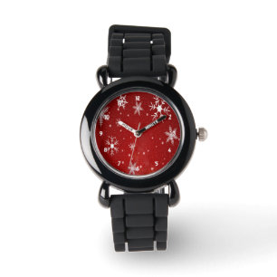 White Snowflakes with Red Background Watch