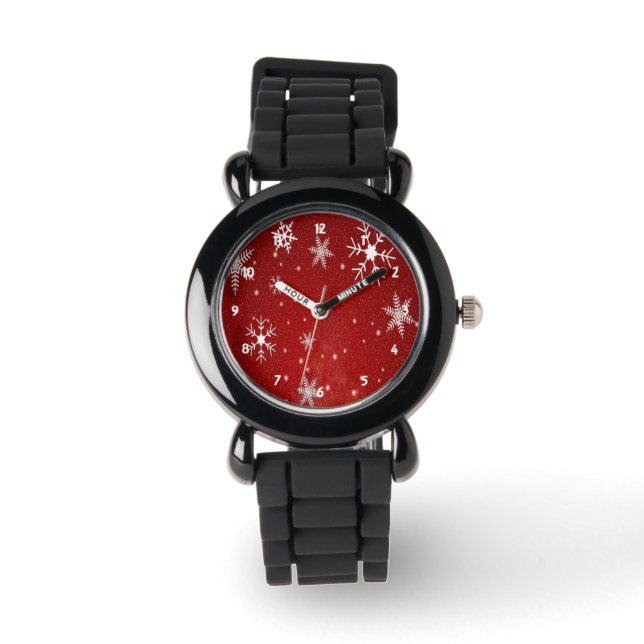 White Snowflakes with Red Background Watch (Front)