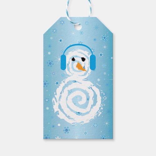 White Snowman Blue Snowflakes Christmas Gift Tag