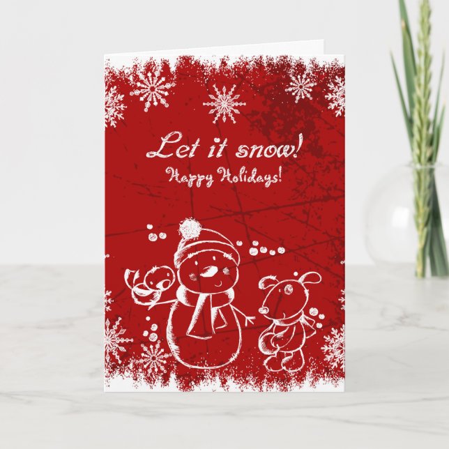 White Snowman Snowflakes And Dog Red Background Holiday Card (Front)