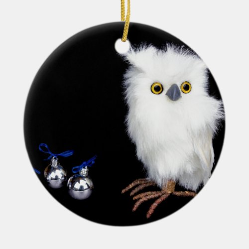 White snowy owl figurine with silver christmas ceramic ornament