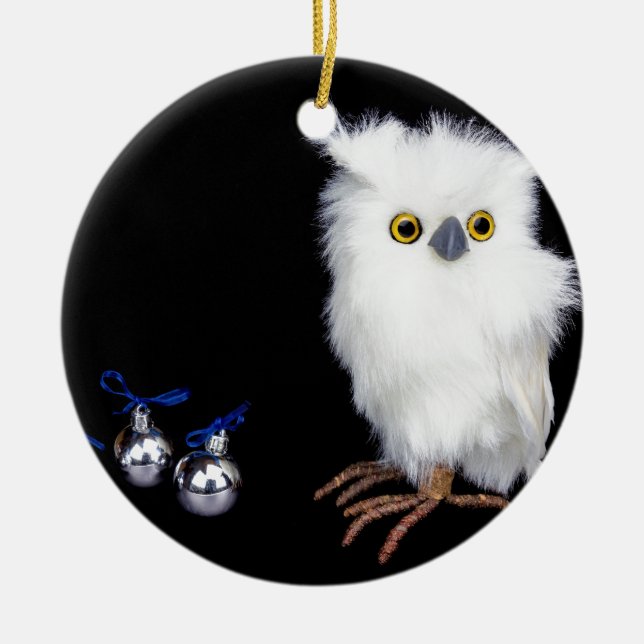 White snowy owl figurine with silver christmas ceramic ornament (Front)