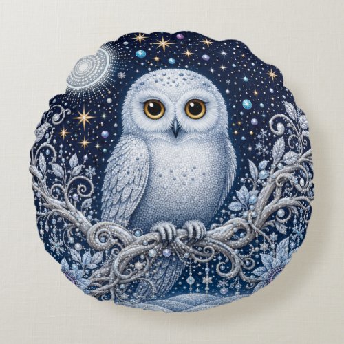 White Snowy Owl in crystalline Winter Garden Round Pillow