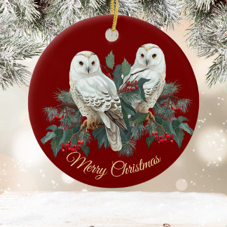 White Snowy Owls n Berries on Burgundy Christmas Ceramic Ornament