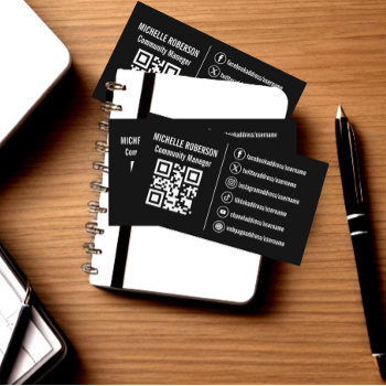 White Social Media Icons Qr On Black Background  Business Card by CustomizePersonalize at Zazzle