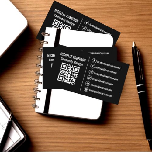 White social media icons QR on black background  Business Card