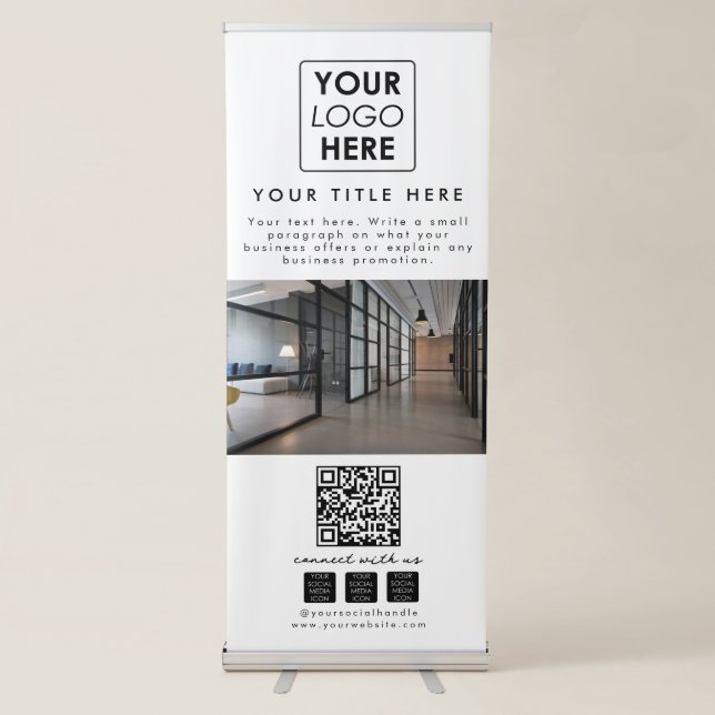 White Social Media QR Code Logo Business Photo Retractable Banner (Front)