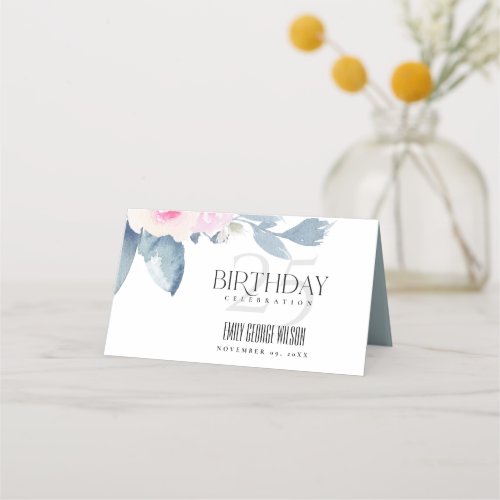WHITE SOFT BLUSH BLUE FLORAL 25TH ANY AGE BIRTHDAY PLACE CARD