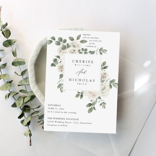 White Soft Floral  Eucalyptus Wedding V2 Invitation